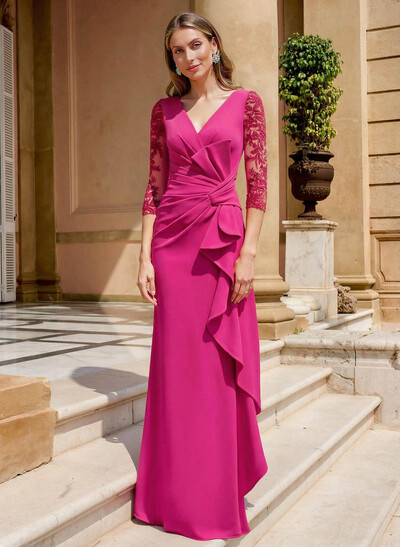 Elegant V-Neck Lace Sleeves Ruffle Elastic Satin Mother Of The Bride Dresses