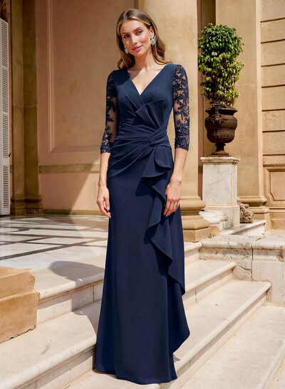 Elegant V-Neck Lace Sleeves Ruffle Elastic Satin Mother Of The Bride Dresses