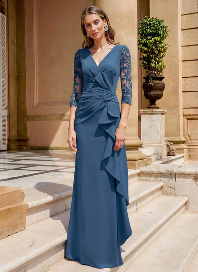 Elegant V-Neck Lace Sleeves Ruffle Elastic Satin Mother Of The Bride Dresses