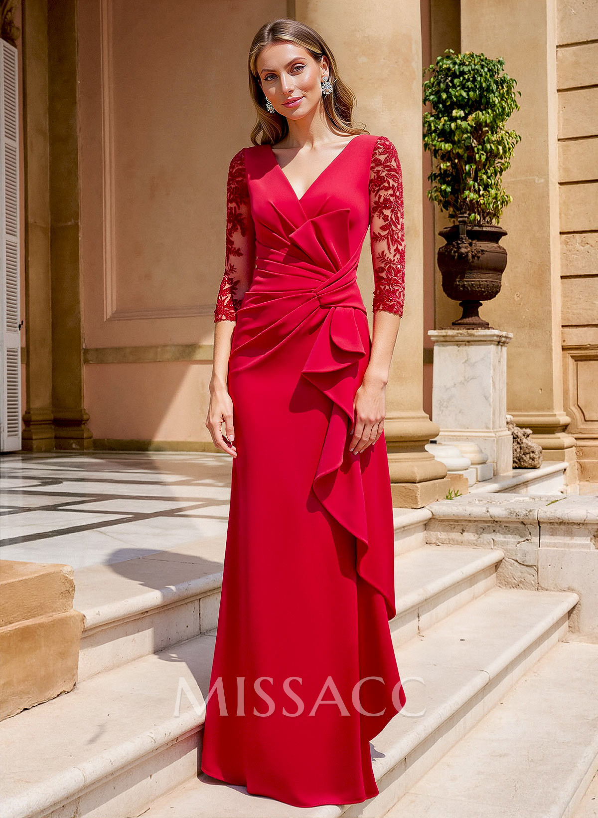 Elegant V-Neck Lace Sleeves Ruffle Elastic Satin Mother Of The Bride Dresses Elegant V-Neck Lace Sleeves Ruffle Elastic Satin Mother Of The Bride Dresses