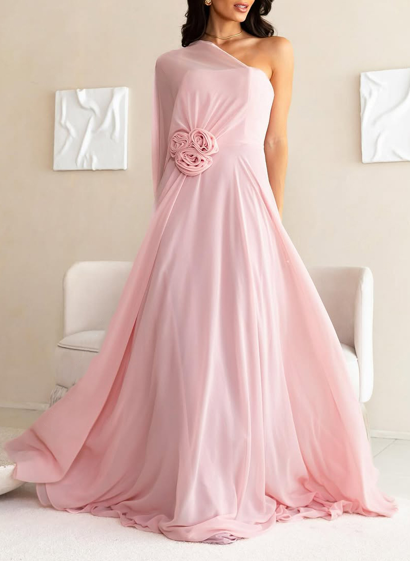 Unique One-Shoulder Cape Sleeves Flower(s) A-Line Sweep Train Chiffon Mother Of The Bride Dresses