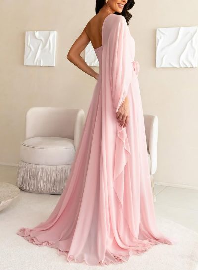 Unique One-Shoulder Cape Sleeves Flower(s) A-Line Sweep Train Chiffon Mother Of The Bride Dresses