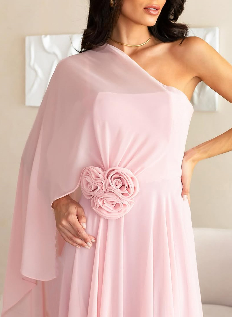 Unique One-Shoulder Cape Sleeves Flower(s) A-Line Sweep Train Chiffon Mother Of The Bride Dresses