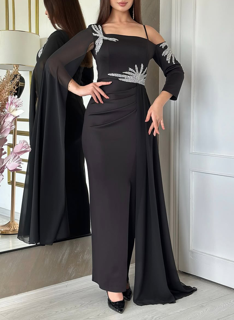 Unique Sequins Asymmetrical Neckline Long Sleeves Satin/Chiffon Mother Of The Bride Dresses With Sweeping Side Drape