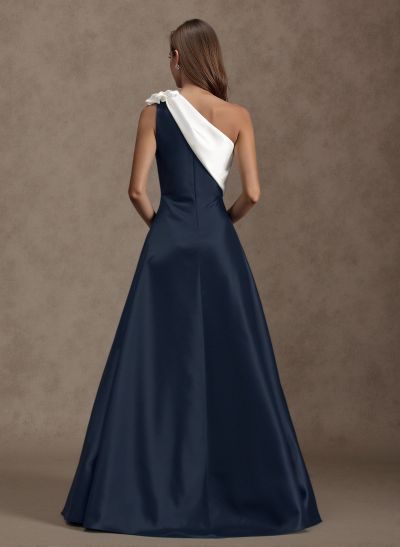 Unique Flower(s) One-Shoulder Overskirt Floor-Length Satin Evening Dresses