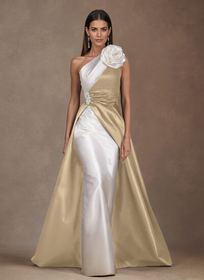 Unique Flower(s) One-Shoulder Overskirt Floor-Length Satin Mother Of The Bride Dresses
