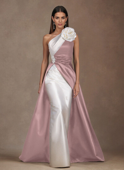 Unique Flower(s) One-Shoulder Overskirt Floor-Length Satin Mother Of The Bride Dresses