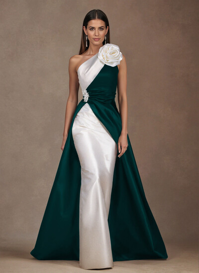 Unique Flower(s) One-Shoulder Overskirt Floor-Length Satin Mother Of The Bride Dresses