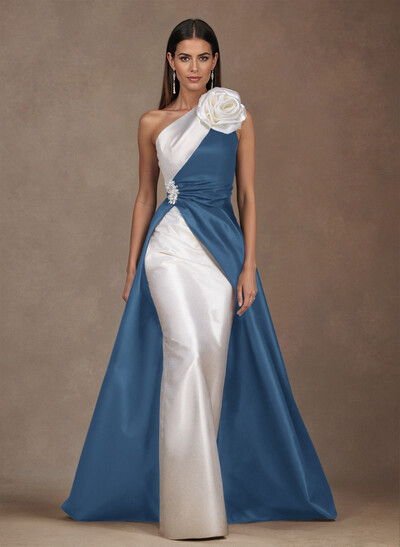 Unique Flower(s) One-Shoulder Overskirt Floor-Length Satin Mother Of The Bride Dresses
