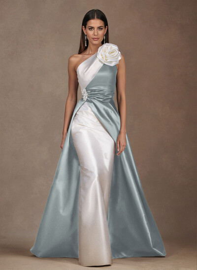 Unique Flower(s) One-Shoulder Overskirt Floor-Length Satin Mother Of The Bride Dresses