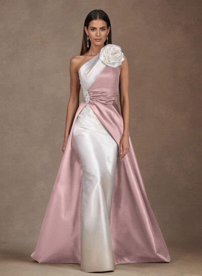 Unique Flower(s) One-Shoulder Overskirt Floor-Length Satin Mother Of The Bride Dresses