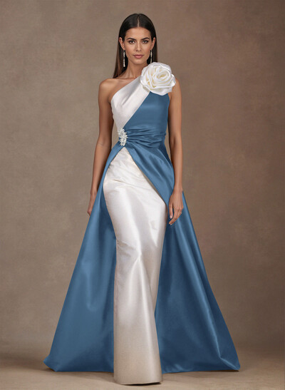 Unique Flower(s) One-Shoulder Overskirt Floor-Length Satin Mother Of The Bride Dresses