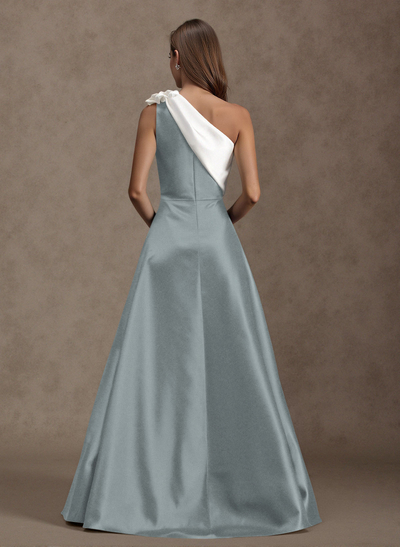 Unique Flower(s) One-Shoulder Overskirt Floor-Length Satin Mother Of The Bride Dresses