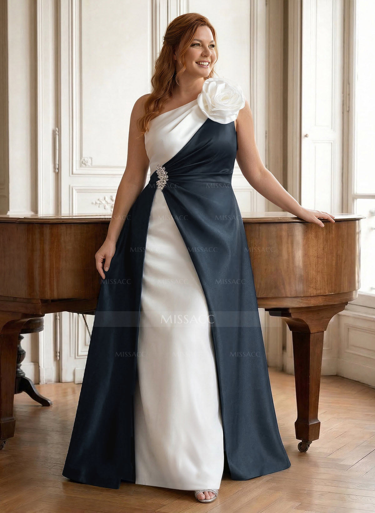 Unique Flower(s) One-Shoulder Overskirt Floor-Length Satin Mother Of The Bride Dresses