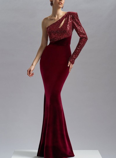 Unique Trumpet One-Shoulder Velvet Prom Dresses With Sequins