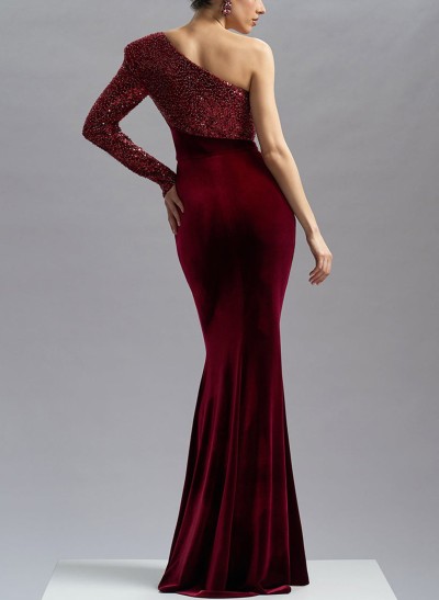 Unique Trumpet One-Shoulder Velvet Prom Dresses With Sequins