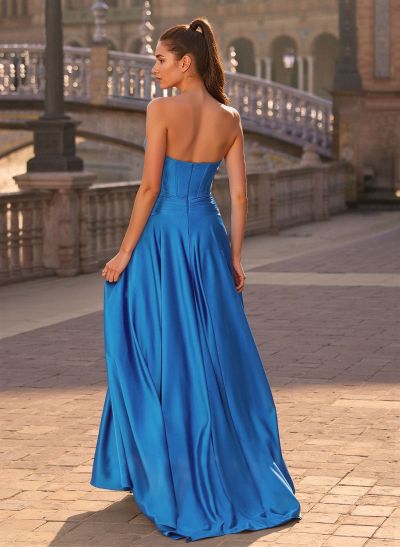 Elegant Detachable Straps High Split A-Line Sweep Train Acetate Satin Prom Dresses