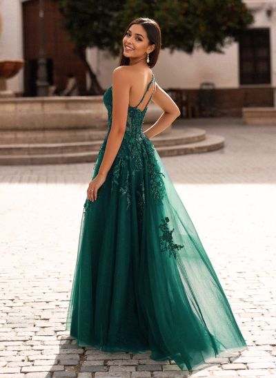 Princess Ball Gown One-Shoulder Lace/Tulle Prom Dresses With Appliques Lace