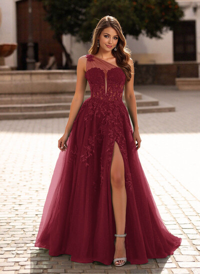 Princess Ball Gown One-Shoulder Lace/Tulle Prom Dresses With Appliques Lace