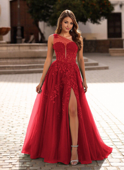 Princess Ball Gown One-Shoulder Lace/Tulle Prom Dresses With Appliques Lace