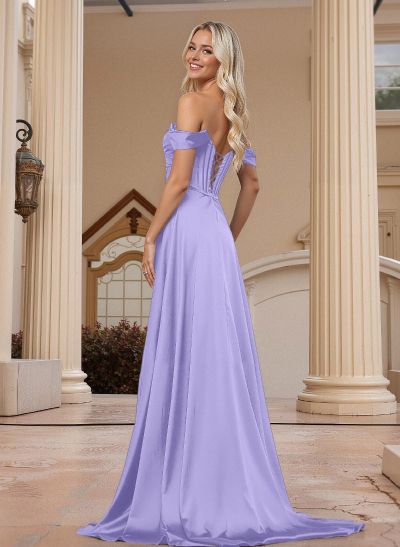 Elegant Sequins Off-The-Shoulder A-Line High Split Matte Satin Prom Dresses