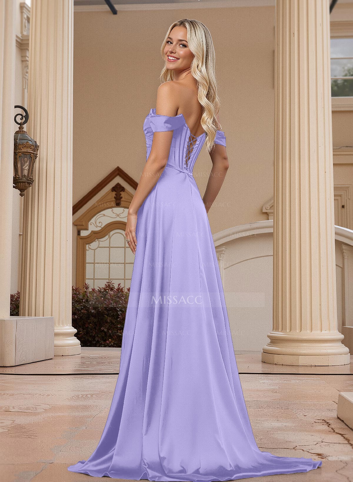 Elegant Sequins Off-The-Shoulder A-Line High Split Matte Satin Prom Dresses