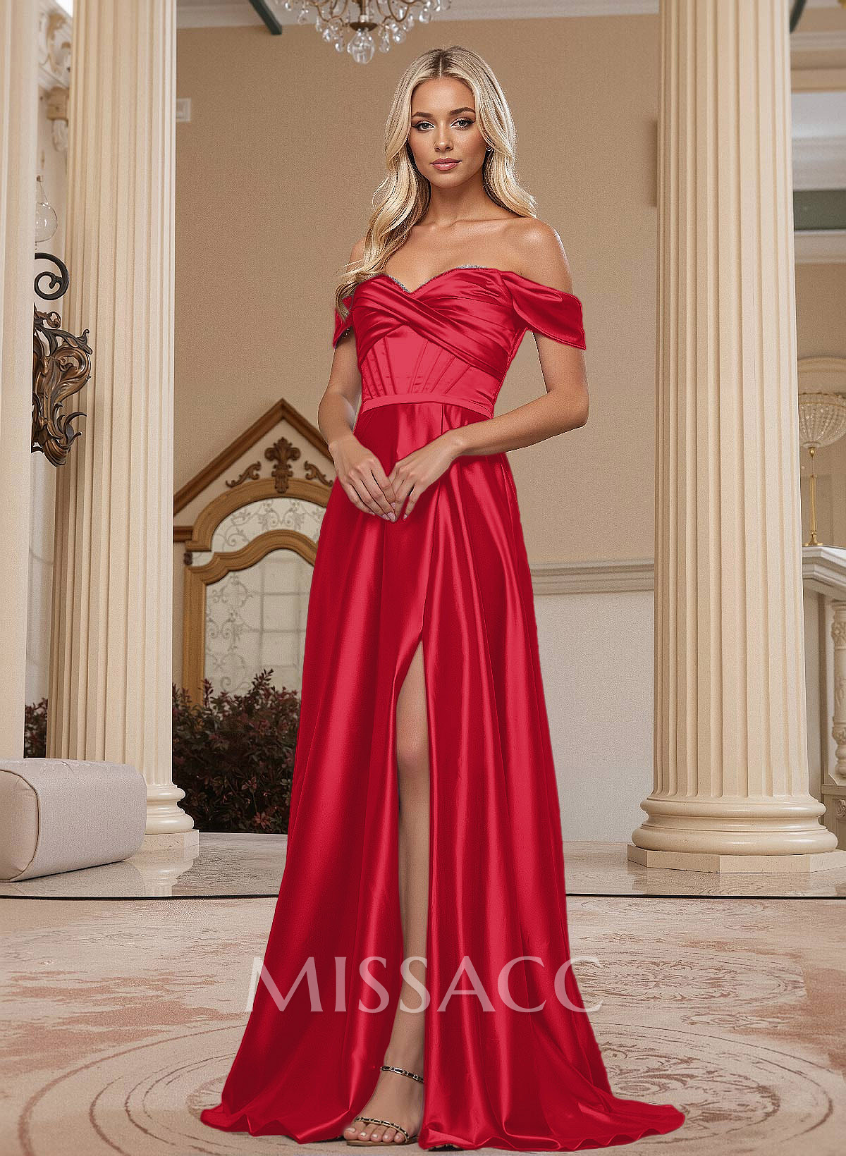 Elegant Sequins Off-The-Shoulder A-Line High Split Matte Satin Prom Dresses