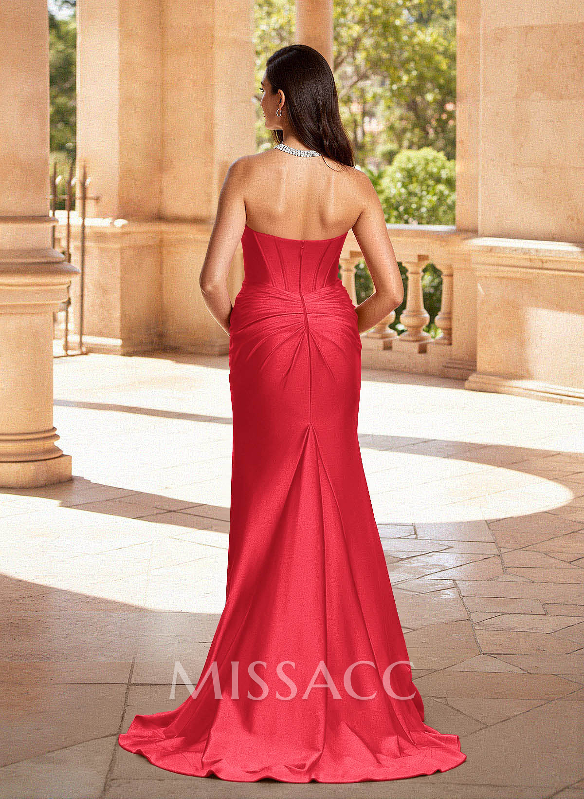 Sparkle Trumpet Halter Sleeveless Stretch Satin Knit Prom Dresses With High Split