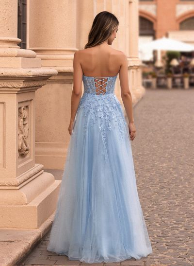 Princess Ball Gown Sweetheart Detachable Straps Tulle Prom Dresses With Lace Applique