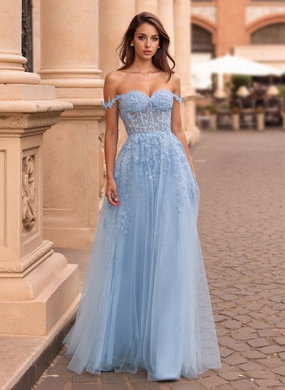 Princess Ball Gown Sweetheart Detachable Straps Tulle Prom Dresses With Lace Applique