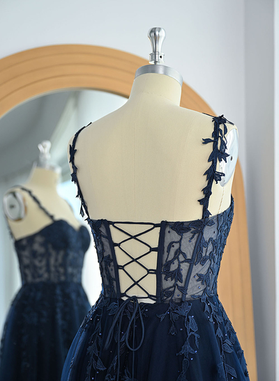 Princess Ball Gown Sweetheart Detachable Straps Tulle Prom Dresses With Lace Applique