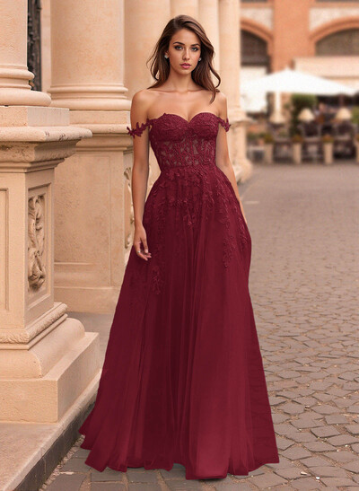 Princess Ball Gown Sweetheart Detachable Straps Tulle Prom Dresses With Lace Applique