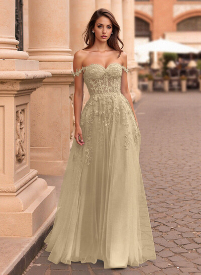 Princess Ball Gown Sweetheart Detachable Straps Tulle Prom Dresses With Lace Applique