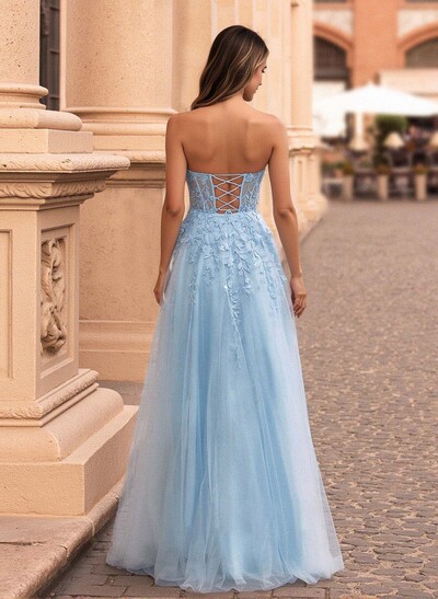 Princess Ball Gown Sweetheart Detachable Straps Tulle Prom Dresses With Lace Applique