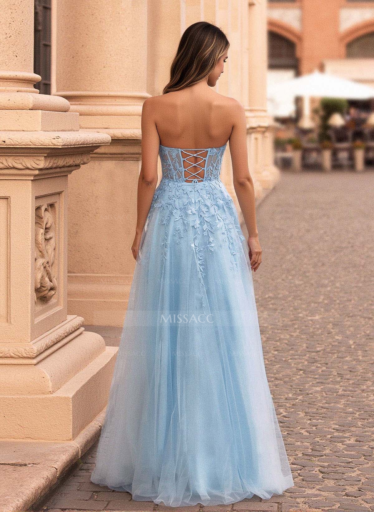 Princess Ball Gown Sweetheart Detachable Straps Tulle Prom Dresses With Lace Applique
