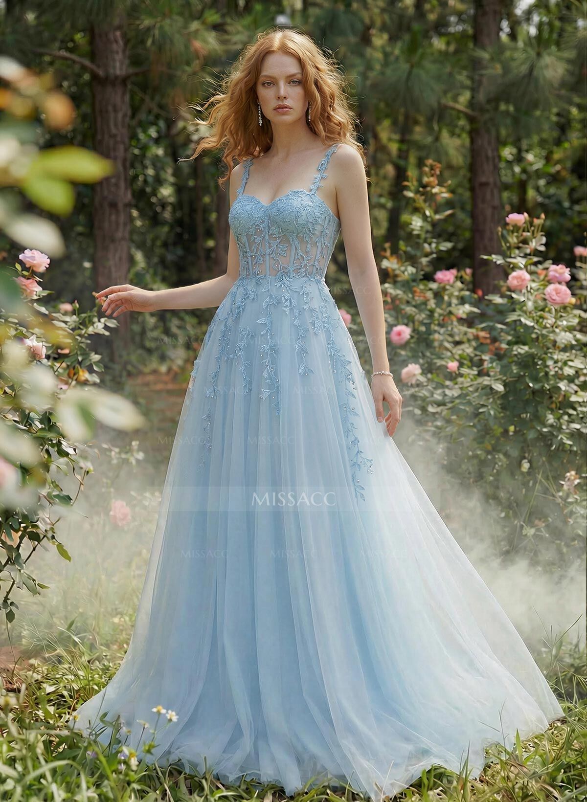 Princess Ball Gown Sweetheart Detachable Straps Tulle Prom Dresses With Lace Applique
