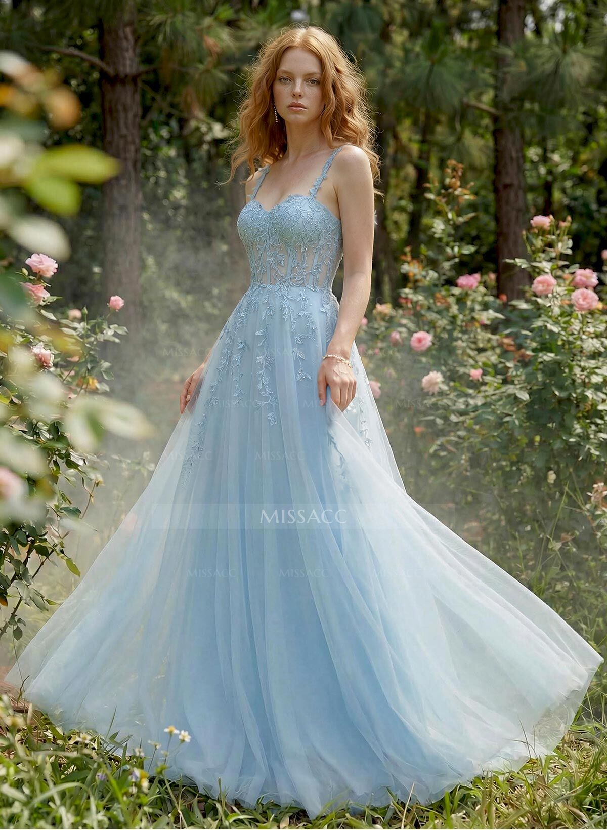 Princess Ball Gown Sweetheart Detachable Straps Tulle Prom Dresses With Lace Applique