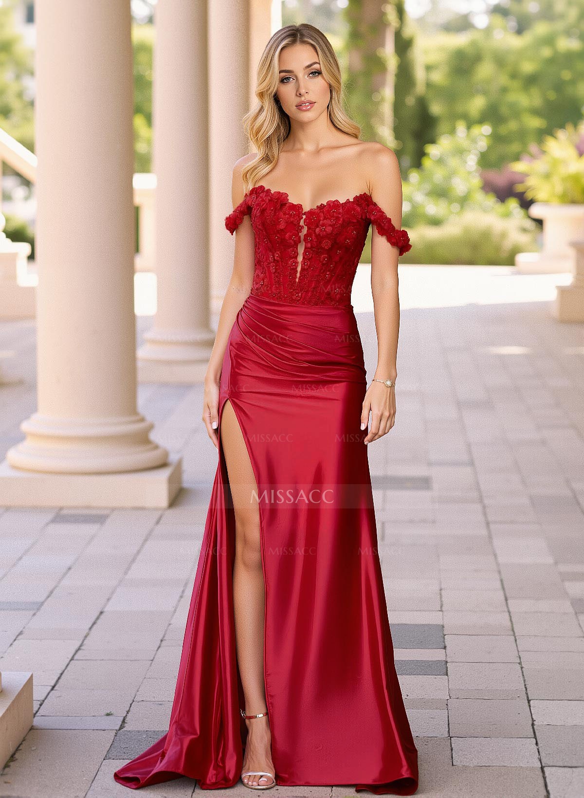 Exquisite Trumpet Off-The-Shoulder Acetate Satin Prom Dresses With Flower(s)