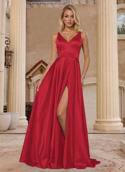 Classic V-Neck Regular Straps High Split A-Line Sweep Train Crepe Satin Prom Dresses