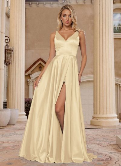 Classic V-Neck Regular Straps High Split A-Line Sweep Train Crepe Satin Prom Dresses