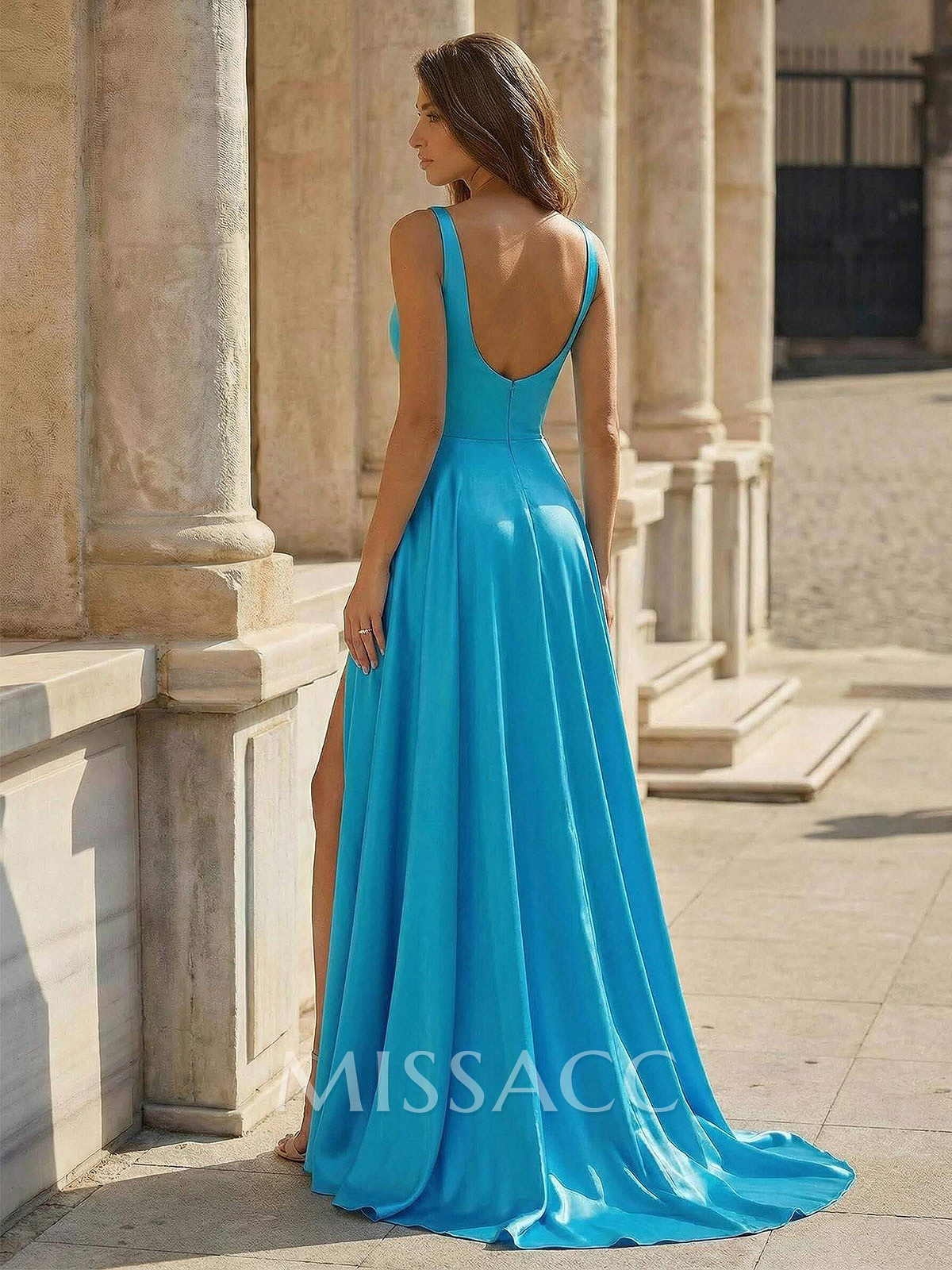 Classic V-Neck Regular Straps High Split A-Line Sweep Train Crepe Satin Prom Dresses Classic V-Neck Regular Straps High Split A-Line Sweep Train Crepe Satin Prom Dresses