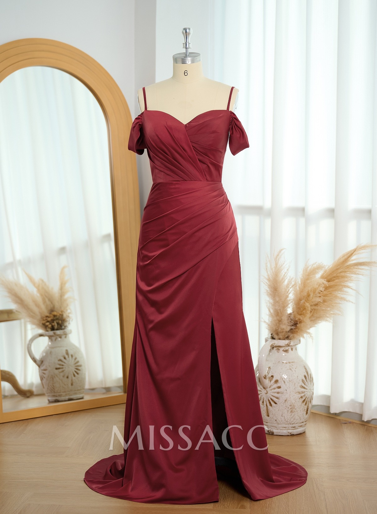 Elegant Sweetheart Cold Shoulder High Split Sweep Train Crepe Satin Prom Dresses