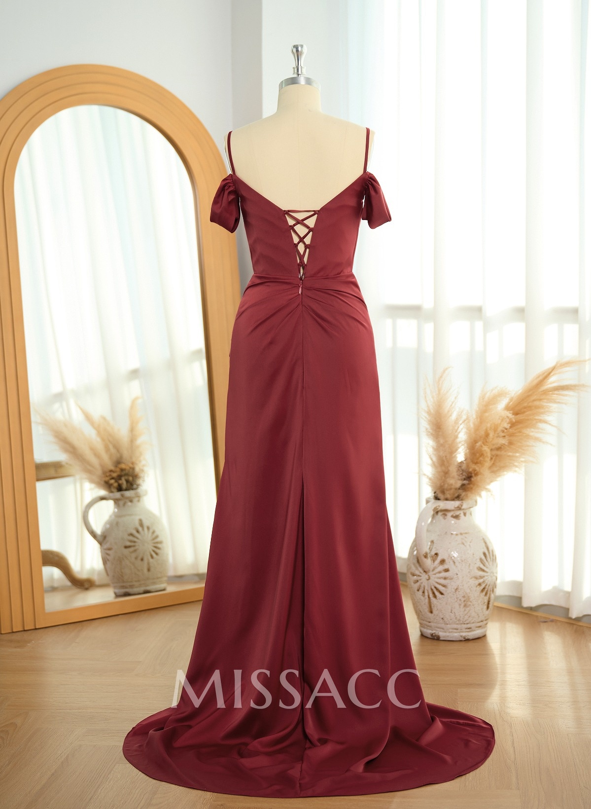 Elegant Sweetheart Cold Shoulder High Split Sweep Train Crepe Satin Prom Dresses