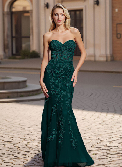 Exquisite Sweetheart Illusion Corset Lace/Tulle Prom Dresses With Appliques Lace