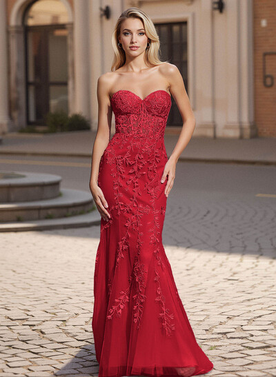 Exquisite Sweetheart Illusion Corset Lace/Tulle Prom Dresses With Appliques Lace