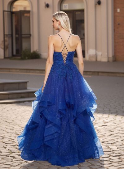 Princess Ball Gown Sweetheart Tiered Skirt Tulle Prom Dresses With Cross Strappy Back