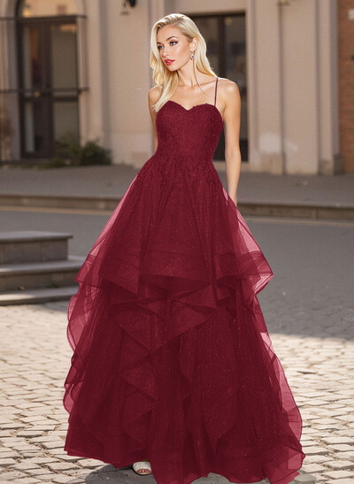 Princess Ball Gown Sweetheart Tiered Skirt Tulle Prom Dresses With Cross Strappy Back
