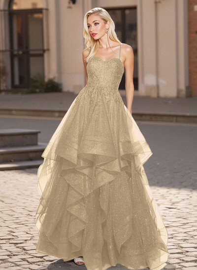 Princess Ball Gown Sweetheart Tiered Skirt Tulle Prom Dresses With Cross Strappy Back