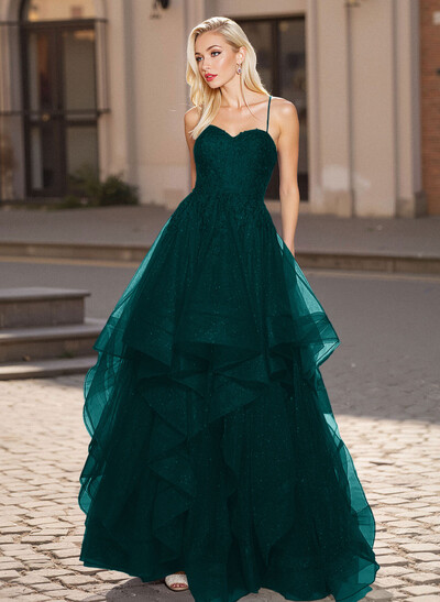 Princess Ball Gown Sweetheart Tiered Skirt Tulle Prom Dresses With Cross Strappy Back