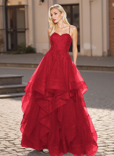 Princess Ball Gown Sweetheart Tiered Skirt Tulle Prom Dresses With Cross Strappy Back